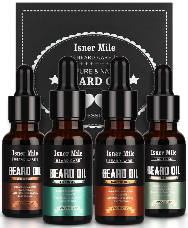 4 Pack Beard Oil Set Leave in Conditioner, Cedarwood, Sandalwood, Sage, Sweet Orange for Men Mustaches Growth, Soften, Moisturizing, Strength, Stocking Stuffers Gifts for Him Man Dad Father Boyfriend ISNER MILE