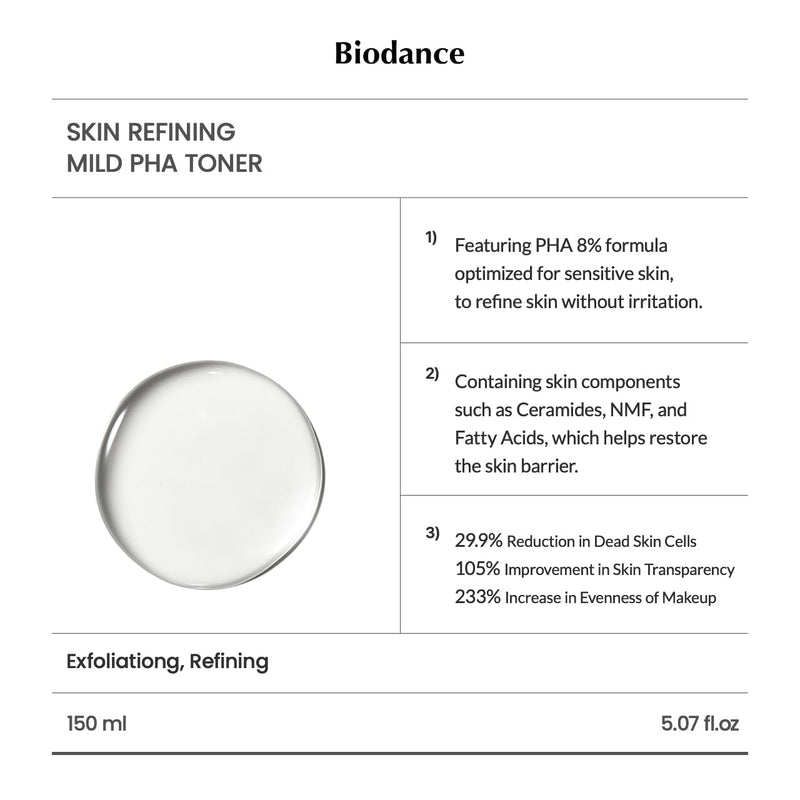 Biodance Skin Refining Mild PHA Toner, Gentle Exfoliating Face Toner for Sensitive Skin with Ceramides & NMF | 5.07 fl.oz,150ml Infinity Warehouse