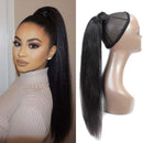 Seelaak Long Straight Remy Human Hair Ponytail Extension Wrap Around Ponytail Hair Piece with Clips Magic Paste Binding Pony Tail Hairpiece 1B