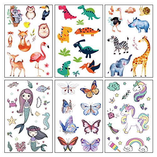Temporary Tattoos for Kids, Christmas Birthday Party Supplies Unicorn Mermaid Butterflies Dinosaur Fake Tattoo Stickers Art(6 Sheets) AIDFSIP