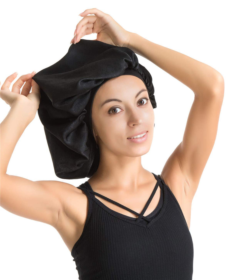 9-Row Cushion Nylon Bristle Black Satin Silk Bonnet Sleep Cap Enjoy Holiday 1981