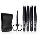 Tweezers Set 5-Piece - Professional Stainless Steel Tweezers with Curved Scissors, Best Precision Tweezer for Eyebrows, Splinter & Ingrown Hair Removal with Leather Travel Case (Black) Sabado
