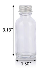 1 oz Clear Glass Boston Round Bottles with Silver Metal Screw On Caps (12 Pack) + Funnel JUVITUS