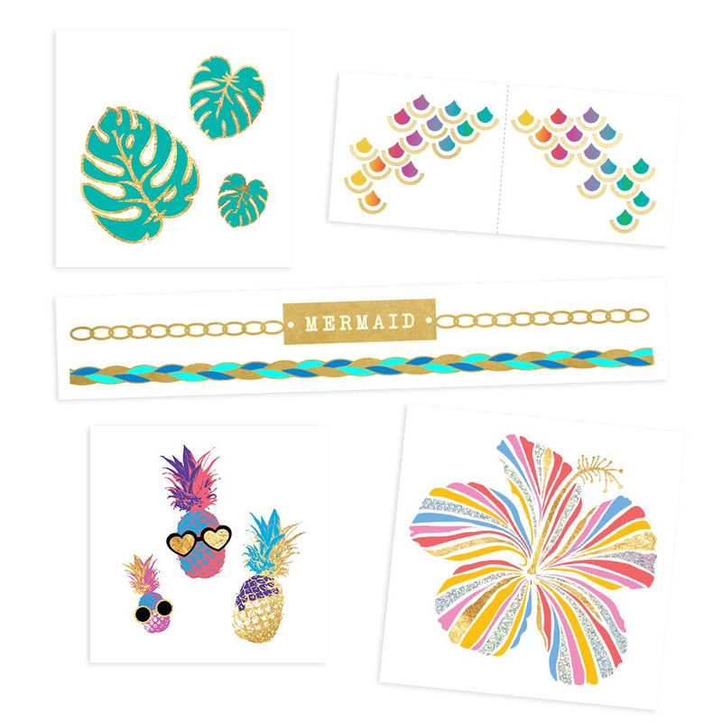 TROPICAL BRIGHTS VARIETY SET Flash Tattoos set of 25 assorted tropical inspired premium waterproof colorful metallic gold & silver jewelry temporary foil party tattoos - Party Supplies Flash Tattoos