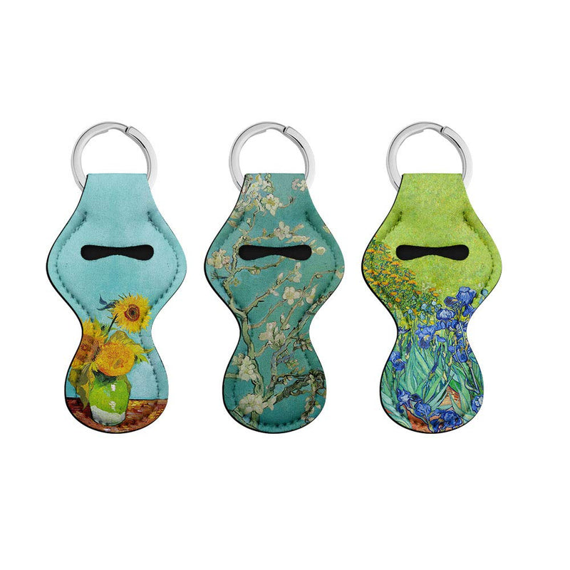 WIRESTER Chapstick Holder Keychain, Neoprene Lip Balm Holder Cover for Women, 3 Pack - Sunflowers Blue By Van Gogh + Almond Blossom Van Gogh + Irises Vincent Van Gogh WIRESTER