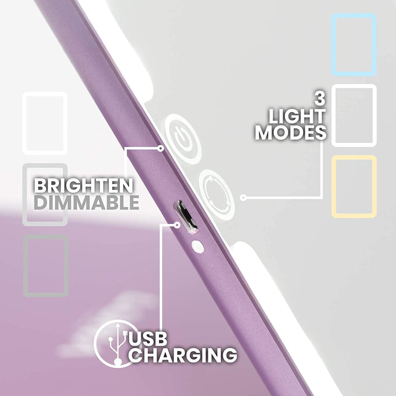 LUNA London Eclipse LED Lighted Travel Vanity Makeup Mirror | 3 Colour Light, Compact, Portable, Lighted, Rechargeable, Illuminated Mirror | Perfect for Travel, Makeup & Beauty Needs | Lavender LUNA London