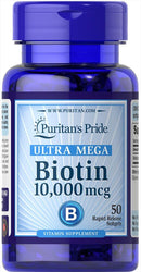Puritan's Pride Premium Ultra Mega Biotin 10,000mcg, Dietary Supplement for Healthy Hair, Skin, Nails, and Energy Metabolism Support, 100 Day Supply, 50 Rapid Release Softgels, 2 Pack Infinity Warehouse