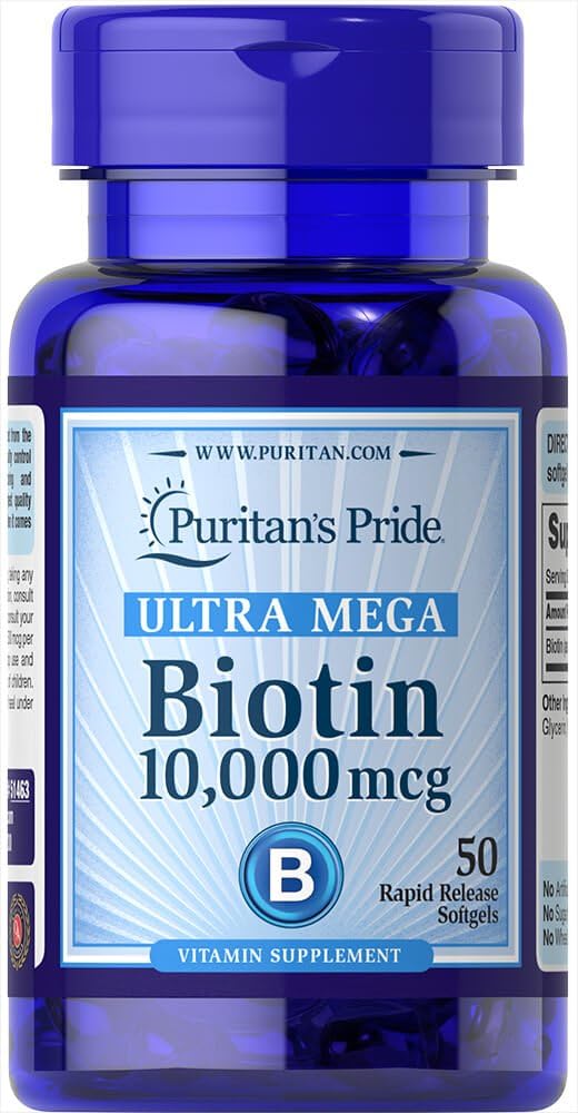 Puritan's Pride Premium Ultra Mega Biotin 10,000mcg, Dietary Supplement for Healthy Hair, Skin, Nails, and Energy Metabolism Support, 100 Day Supply, 50 Rapid Release Softgels, 2 Pack Infinity Warehouse