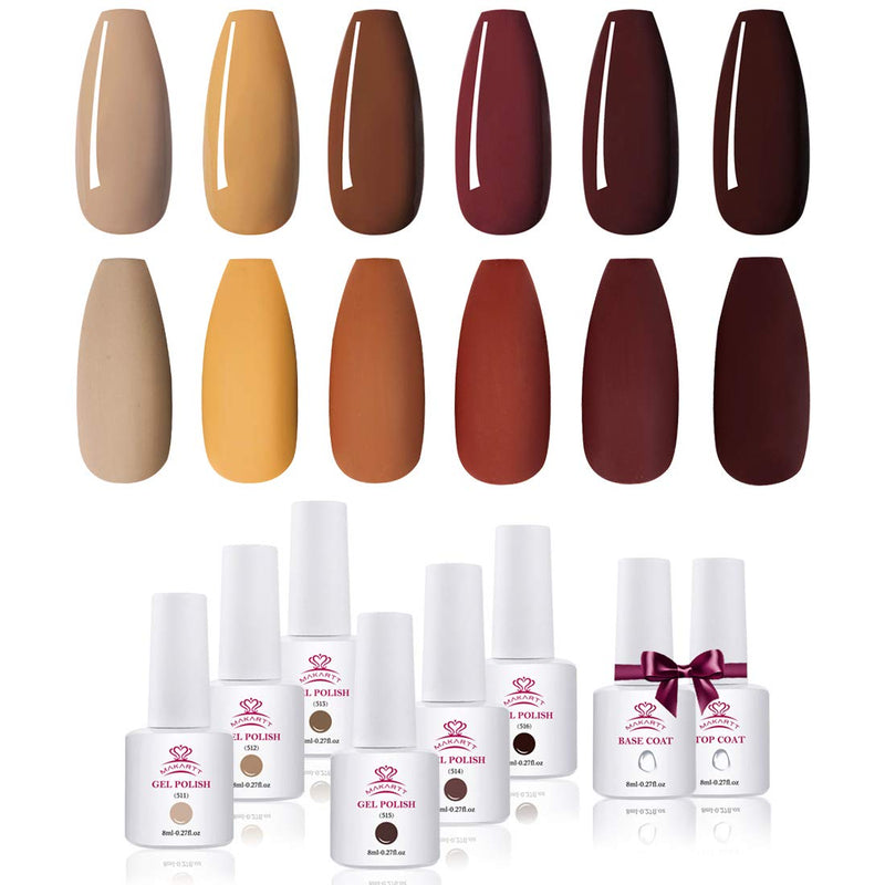 Makartt Gel Nail Polish Kit - 6 Brown Gel Polish Kit Chocolate Gel Nail Kit Glossy Base Coat Top Coat Autumn Winter Nail Polish 8ML Soak Off UV Nail Gel Fall Gel Polish Gift for Women Beauty Gift Sets Makartt