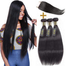 QTHAIR 12A Grade Brazilian Straight Human Hair Bundles with Closure(14" 14" 16"+12"Free Part Lace Closure,Natural Black) 100% Unprocessed Brazilian Virgin Hair Extensions for Black Women QTHAIR Store