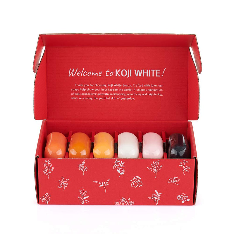 Koji White Skin Brighten & Glowing Soap Gift Set 6 Bars (Kojic Acid, Papaya, Glutathione, Vitamin C, Collagen, Charcoal) for Cleansing Facial & Body - 2.8 Oz each Koji White Store