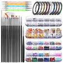 Nail Art Brush, Teenitor 3D Nail Art Decorations Kit with Nail Pen Designer Dotting Tools Colors Holographic Butterfly Nail Glitter Foil Flakes Nail Tape Strips and Multi-Color Nails Rhinestones Teenitor