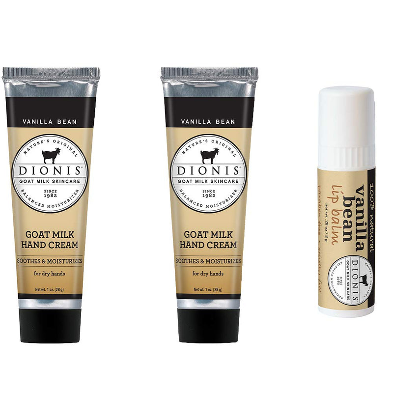 Dionis Goat Milk Hand Cream and Lip Balm 3 Piece Gift Set (Vanilla Bean, 3 Piece) Dionis