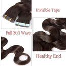 Benehair Tape in Remy Hair Extensions Human Hair Wavy Dark Brown Seamless Invisible Skin Weft Tape ins Body Wave 18 inch