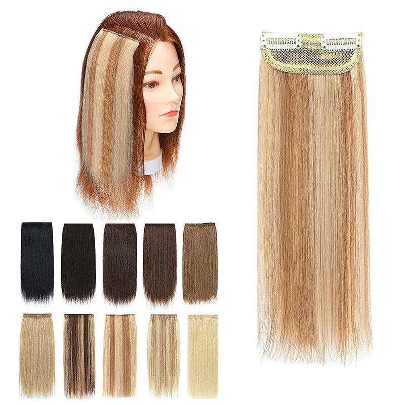 Invisible Clip in Mini Hair Extensions Human Hair Seamless Hairpin Hair Pad Short Straight Hairpieces One Piece Wiglet Hair Filler for Adding Hair Volume 6 Inch Golden Brown mix Bleach Blonde MY-LADY