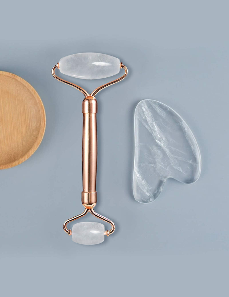 HANABEE Rose Quartz Facial Roller Jade Roller Gua Sha Facial Tools Face Roller and Gua Sha Massage Tool Body gua-sha Scalp Beauty Gift for Women Face Roller Massager (White Quartz) HANABEE