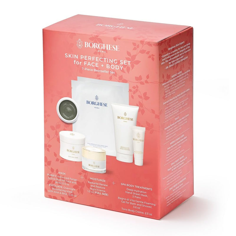 Borghese 7-Piece Skin Perfecting Gift Set - Includes Mud Mask, AHA BHA Overnight Mask, Night Face Cream, Hand Sheet Masks, Shower Gel, & Body Cream Infinity Warehouse