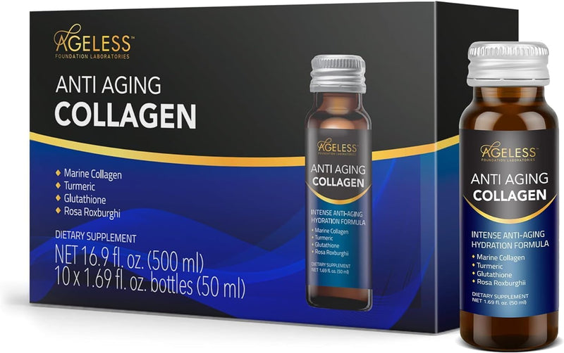Ageless Anti Aging Collagen Liquid - Marine Collagen, Turmeric, Glutathione, and Rosa Roxburghi - 50 ml (10 Count) Infinity Warehouse