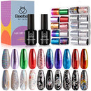 Beetles Nail Foil Glue Kit, 15ML 2 Bottles Tranfer Glue Gel with 20PCS Metal Holographic Flower Stickers Set Nail Foil Transfer Gel Set Manicure Art DIY Nail, LED Lamp Required Soak Off beetles Gel Polish