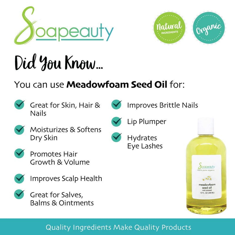 MEADOWFOAM SEED OIL Organic Cold Pressed Unrefined | 100% Pure Natural Meadowfoam Seed Oil for Face & Hair | Moisturizer for Skin, Promotes Hair Growth, Balms | Sizes 4OZ to 1 GALLON | (16 OZ) Soapeauty