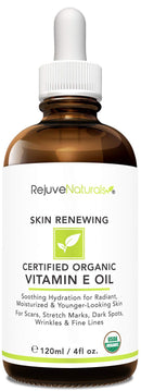 Vitamin E Oil - 100% All Natural & USDA Organic (LARGE 4oz Bottle) Visibly Reduce the Look of Scars, Stretch Marks, Dark Spots & Wrinkles for Hydrated & Youthful Skin. Face & Body Moisturizer RejuveNaturals