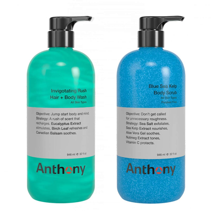 Anthony Invigorating Rush Hair and Body Wash, 32 Fl Oz and Anthony Blue Sea Kelp Body Scrub, 32 Fl Oz Anthony
