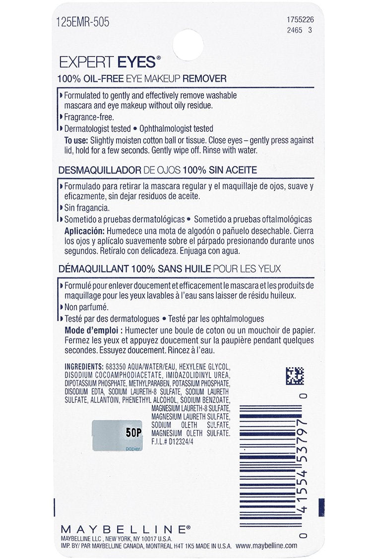 Maybelline Expert Eyes Oil-Free Eye Makeup Remover, For Washable Eye Makeup, 2.3 fl. oz. Maybelline New York