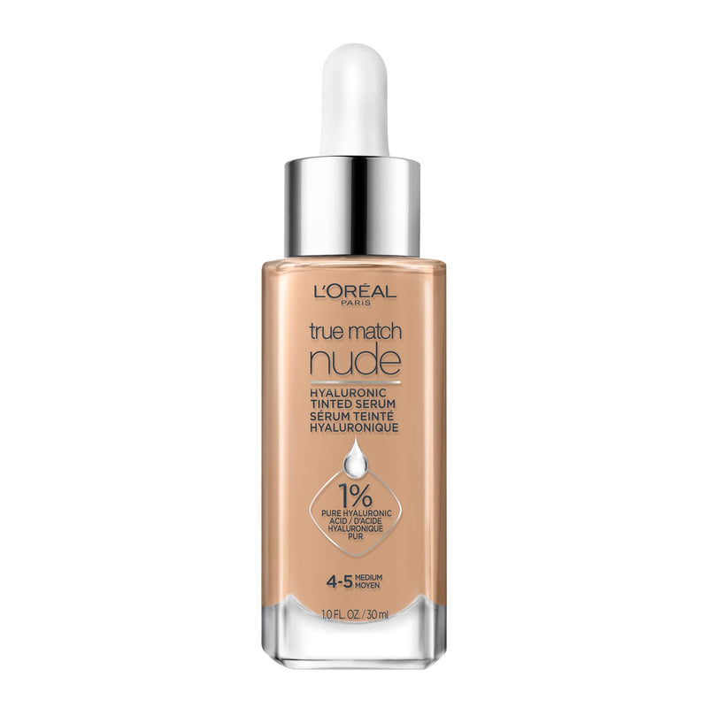 L'Oreal Paris True Match Nude Hyaluronic Tinted Serum The 1st Tinted serum with 1% Hyaluronic acid Instantly skin looks brighter, even and feels hydrated Makeup + Skincare, Medium 4-5, 1 fl. oz. L'Oreal Paris