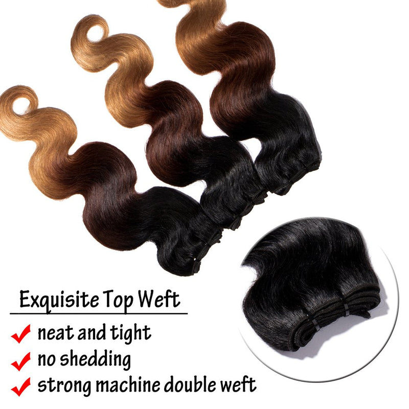 100% 7A Brazilian Remy Human Hair Weave Double Weft Body Wave 3 Bundles 300g Ombre Hair Extensions for Women (20 inch,Natural Black to Dark Auburn to Dark Blonde