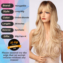 Honygebia Blonde Wig with Bangs - Long Wavy Ombre Curtain Bang Wigs for White Women, Light Ash Blond Dark Roots Synthetic Heat Resistant Hair, Natural Cute Strawberry Wigs for Everyday/Party/Cosplay Honygebia