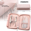 FAMILIFE Manicure Set, 8 in 1 Professional L13 Manicure Kit Nail Clipper Set Stainless Steel Pedicure Tools Kit Portable Grooming Kit with Pink Leather Travel Case for Women Girl FAMILIFE