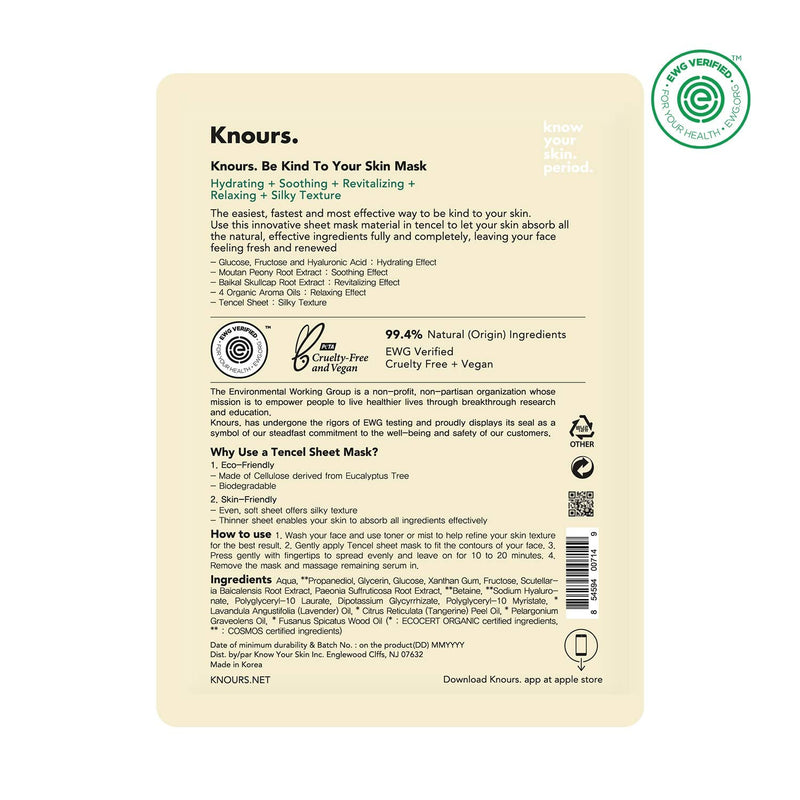 Knours Be Kind Everyday Mask (1ct) | 99% Natural Ingredients Hydrating + Soothing + Revitalizing + Relaxing Effect Facial Nourishing Sheet Mask (EWG Verified Clean Beauty) KNOURS. KNOW YOUR SKIN. PERIOD.