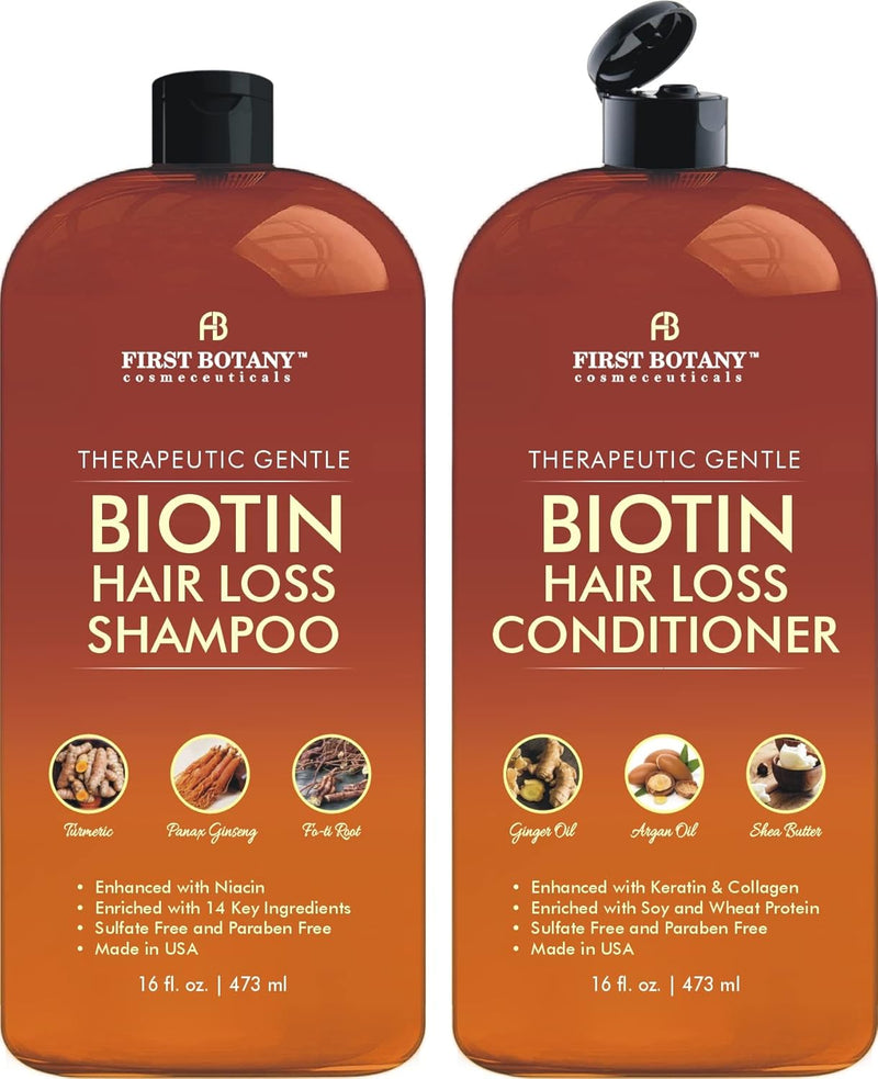 First Botany, Biotin Hair Growth Shampoo Conditioner Anti Hair Loss Thickening formula Collagen & Stem Cell For Hair Regrowth Anti Thinning Sulfate Free For Men Women Anti Dandruff Treatment 16 oz x2 Infinity Warehouse