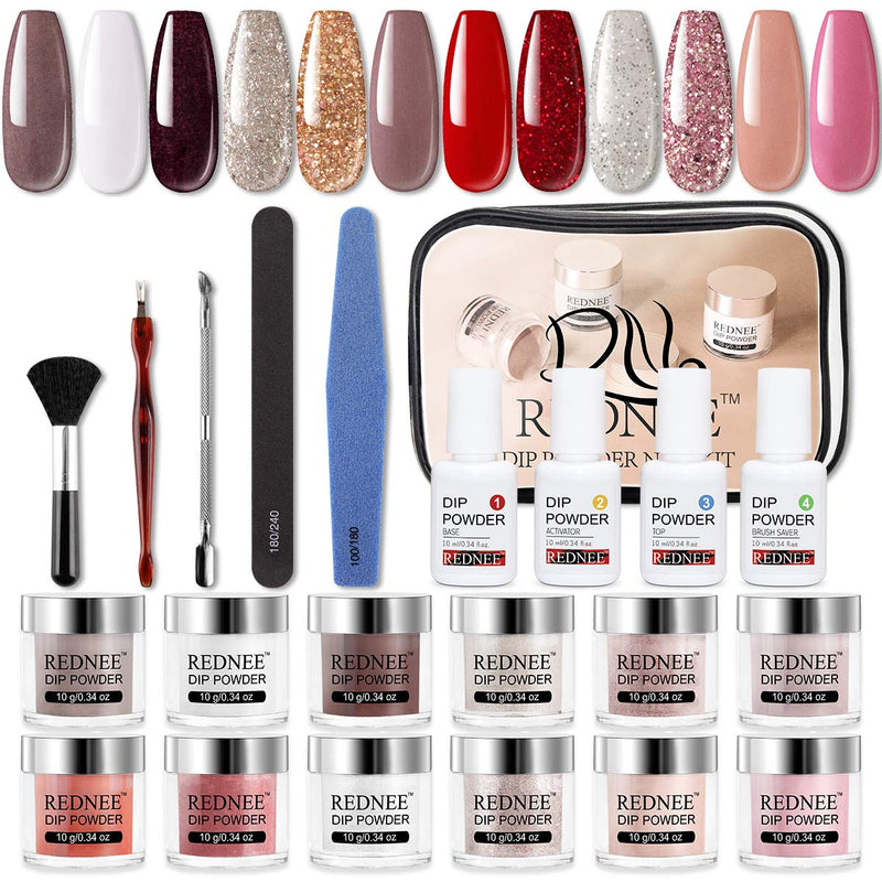 REDNEE Dip Powder 12 Colors Nail Starter Kit with Base Activator and Top Coat 22pcs Gift Set for Nail Art - RE08 Inviting Color REDNEE