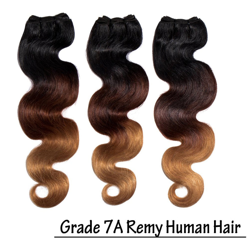100% 7A Brazilian Remy Human Hair Weave Double Weft Body Wave 3 Bundles 300g Ombre Hair Extensions for Women (20 inch,Natural Black to Dark Auburn to Dark Blonde