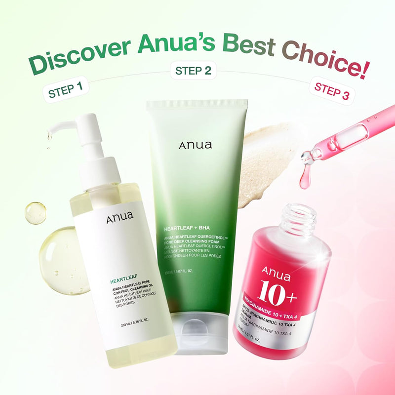 Anua 3-Step Glass Skin Beginner Set, Double Cleansing with Facial Serum, Oil Cleanser & Face Wash with Heartleaf, Daily Routine with Niacinamide, Korean Skincare Set Infinity Warehouse