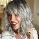 ROSEBUD Wavy Bob Wig with Bangs Natural Ombre Silver Wig Synthetic Hair Shoulder Length Short Curly Wigs for Women Rose bud