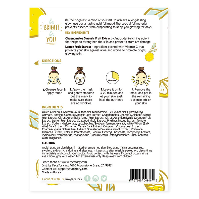 FaceTory Be Bright Be You Vitamin C Brightening Foil Mask - Moisturizing, Revitalizing, and Brightening (Pack of 10) FACETORY