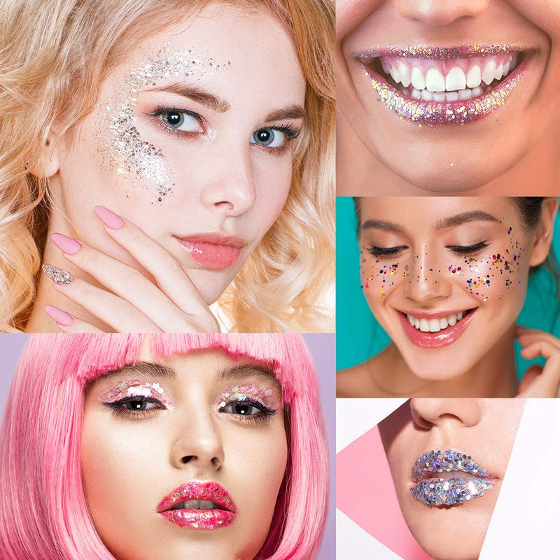 Chunky Cosmetic Holographic Glitter I Body, Face & Hair Safe I 16 Pack + 1 Glitter Glue SoJourner Bags