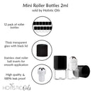 Holistic Oils Essential Oil Mini Perfume Roll On Bottles, 2ml Clear Oil Roller Bottles for Essential Oils (12 Pack), Mini Glass Empty Roll On Bottles with Black Lids and Stainless Steel Ball Insert Holistic Oils