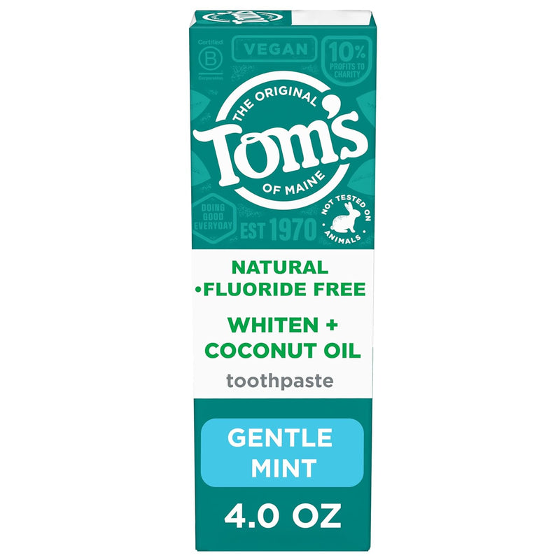 Tom's of Maine Whiten Plus Coconut Oil Fluoride Free Toothpaste, Natural Whitening Toothpaste with Plant-Based Cleansers, Whitens Without Causing Sensitivity, Gentle Mint, 4.0 Oz (Pack of 3) Infinity Warehouse