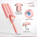 3 Barrel Curling Iron Wand - Triple Hair Waver & Crimper for Beach Waves Set, Ceramic Tourmaline with Adjustable Temperature - Glam Waver, Pink FairyBrave