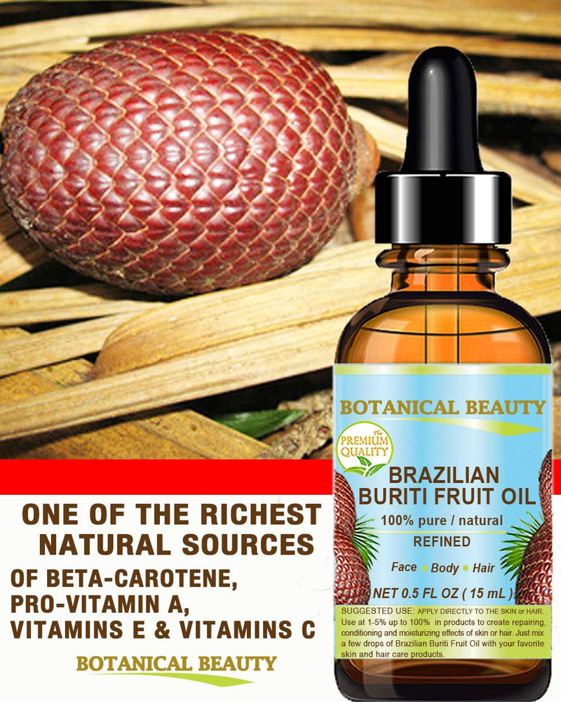 BURITI FRUIT OIL Brazilian. 100% Pure / Natural / REFINED Undiluted Cold Pressed Carrier Oil . For Face, Body, Hair, Lip and Nail Care. 0.5 fl oz- 15 ml. "One the richest natural source of vitamin A, E and C" From Amazon Rainforest. by Botanical Beauty Botanical Beauty