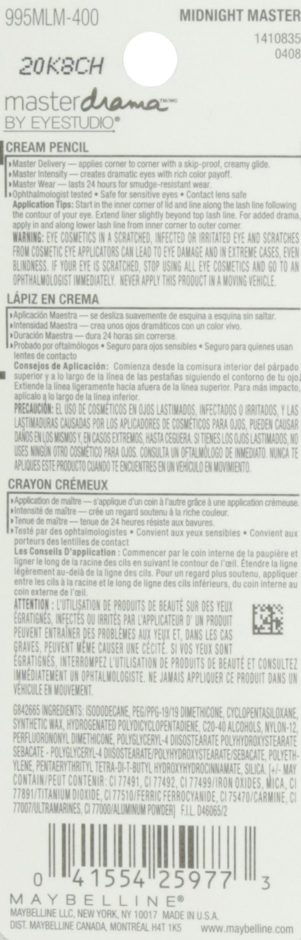 Maybelline New York Eye Studio Master Drama Cream Pencil Liner, Midnight Master 400, 0.01 Ounce, 1 Count Maybelline New York