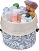 Barrel Makeup Bag Travel Drawstring Cosmetic Bag Large Toiletry Organizer Waterproof for Women and Girls (Large, Blue Leaf) Narwey Store