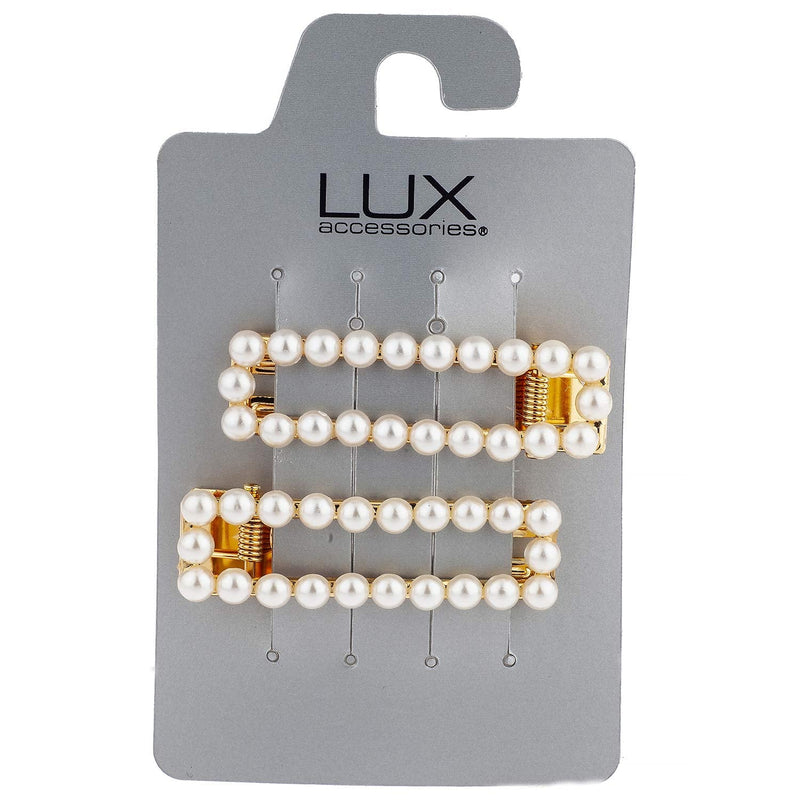 LUX ACCESSORIES White Pearl Rectangle Goldtone Hair Clip Bridal Bobby Pin Barrette LUX ACCESSORIES