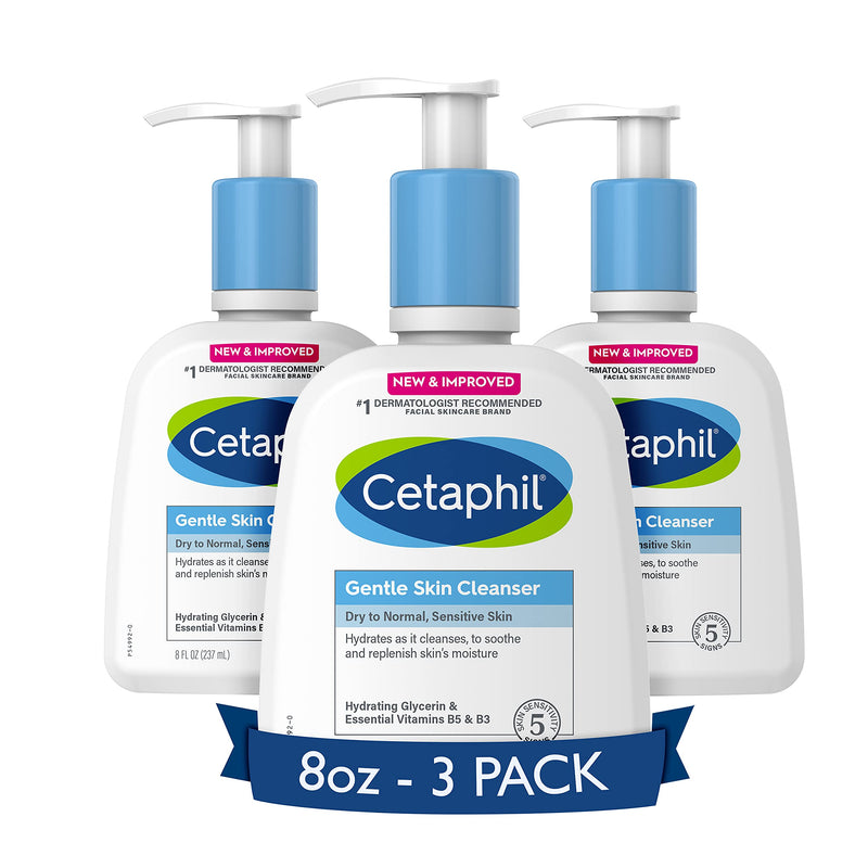 Face Wash by CETAPHIL, Hydrating Gentle Skin Cleanser for Dry to Normal Sensitive Skin, NEW 8 oz 3 Pack, Fragrance Free, Soap Free and Non-Foaming Cetaphil