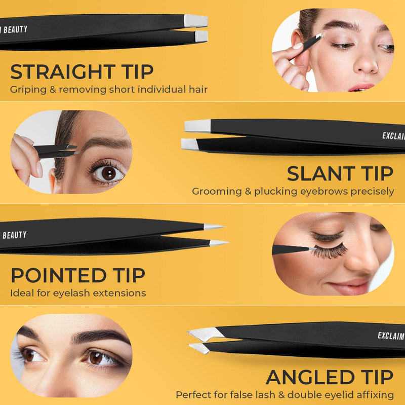 EXCLAIM BEAUTY Tweezers for Women & Men Pack of 4 Stainless Steel Tweezers Set, Precision Tweezers for Eyebrows Splinter Ingrown Hair Removal Tweezers Kit for Women with Leather Case – Matte Black Exclaim Beauty