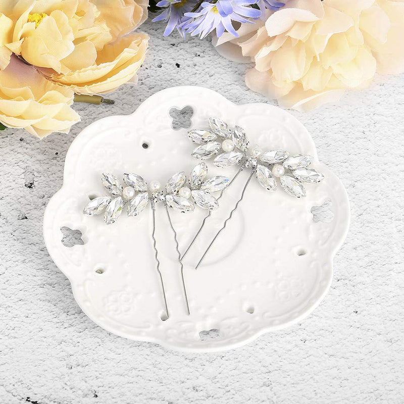 Aukmla Crystals Wedding Hair Pins White Pearl Hair Clips Handmade Bride Headpiece Alloy Wire Hair Accessories for Women and Girls (2 PCs) HP-05 Aukmla