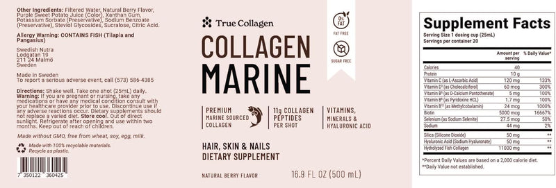 True Collagen Marine | 11,000 mg Hydrolyzed Collagen Liquid Supplement - 500 ml, 20 Day Supply | Hyaluronic Acid, Biotin and Vitamin C to Support Healthy Hair, Skin and Nails | Sugar-Free & Fat-Free Infinity Warehouse